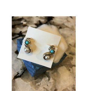1983 AVON Faux Pearl Turquoise Impressions Clip Earrings Signed